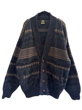 Tejidos Ruminahui Wool Chunky Cardigan Sweater Handknit Grey Green Ecuador